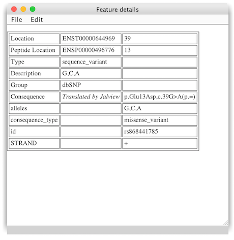 Full details for a particular Sequence Feature can be displayed as HTML in a report window